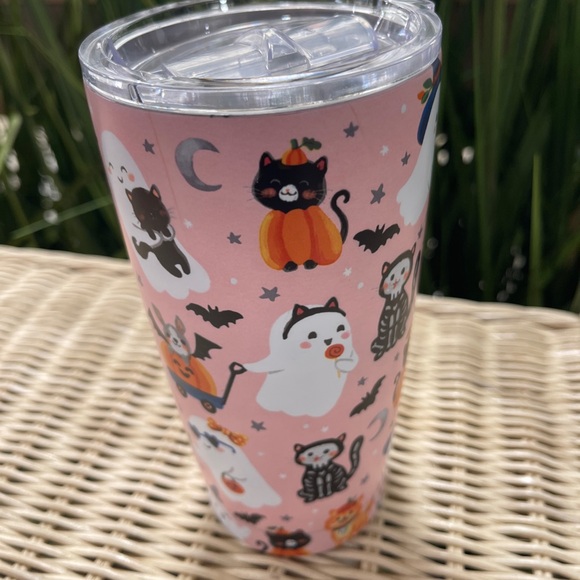 Pink Halloween Cats Dogs & Ghosts Insulated Stainless Tumbler Clementine NEW - Picture 3 of 4